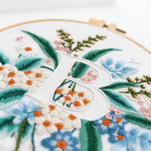 Zerzsy 7.87 '' Embroidery Kits Plant Flower Leaf English Letter Patterns for Beginners Adults, Easy to Learn Cross Stitch Kit for Home Office Decor - color: Letter B