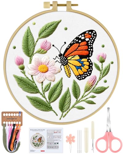 ERKOON Embroidery Kit for Beginners Adult, Flower Cross Stitch Set Include Embroidery Cloth Hoops Threads for Craft Lover Hand Stitch with Embroidery Skill Techniques (Butterfly) - color: Butterfly