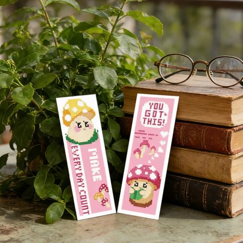 ORIGACH 6 Set Pink Mushroom Cross Stitch Bookmark Kit for Beginner - style: Mushroom