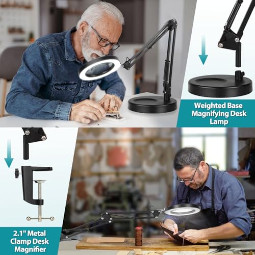 12X Magnifying Glass with Light and Stand, 2-in-1 Desk Lamp & Clamp Light, 5 Color Modes, Brightness Stepless Dimmable LED Lighted Magnifier Hands Free, Magnifier Lamp for Close Work, Reading - color: Black, size: 12X 17.8inch Base & Clamp