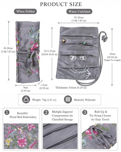 TUMBEELLUWA Embroidery Travel Jewelry Bag Roll Embroidered Flower and Bird Brocade Organizer with Tie Close - color: #2 Grey