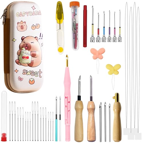 HYINUS 43Pcs Punch Needle Kit for Adult Beginners, Adjustable Punch Needle Tool with Different Size Needles & Capybara Storage Case, Wooden Handle Embroidery Pen Set for Gifts, Decor & DIY Craft