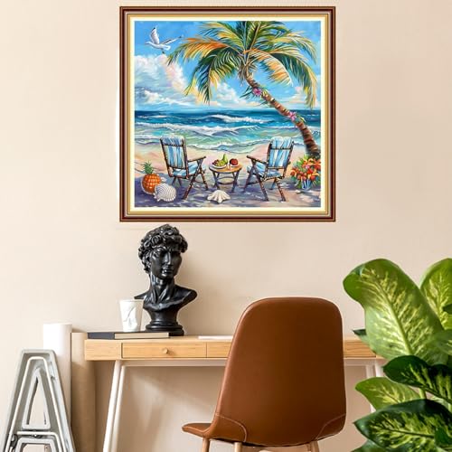 Fanxvivy Stamped Counted Cross Stitch Kits for Adults Printed Cross-Stitch Patterns 11CT Stamped or Counted Cross Stitching Embroidery Kit Needlepoint Kits-Afternoon Tea by the Sea 18x18 inch - color: Artkits01