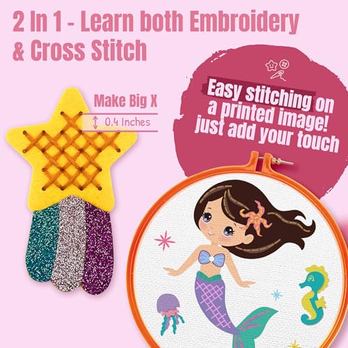 2-in-1 Cross Stitch & Embroidery Kit for Kids - 8 Beginner Projects - style: 2-in-1 Kit (8 Projects)