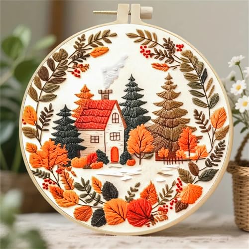 Huacan Embroidery Kit for Beginners Adults Includes Stamped Flower Pattern, Hoop, Color Threads,Tools,Easy to Follow Instruction (House)
