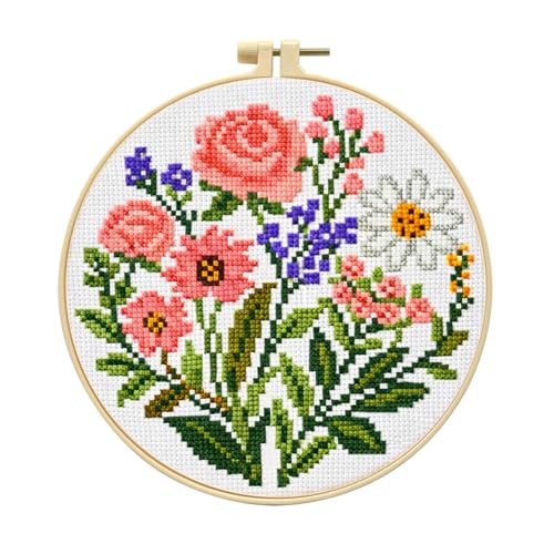 Zhenqing Pink Floral Bouquet Cross Stitch Kit for Beginners - 11CT 24x24cm Pre-Printed Pattern with Embroidery Hoop, Threads & Tools(70517) - color: Pink Floral Bouquet