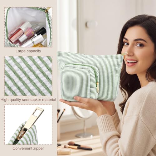 Sanwuta 4 Pcs Seersucker Pouch Striped Makeup Bag Set, Light Green - color: Light Green
