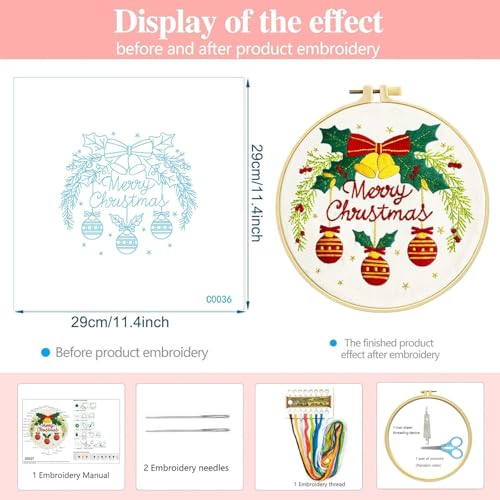 Zhenqing Merry Christmas Embroidery Kit for Beginners, Red Bells and Ornaments Craft Set with 20cm Hoop, Printed Design on 29x29cm Cotton Fabric, DIY Holiday Wall Art (C0036) - style: Christmas Bells