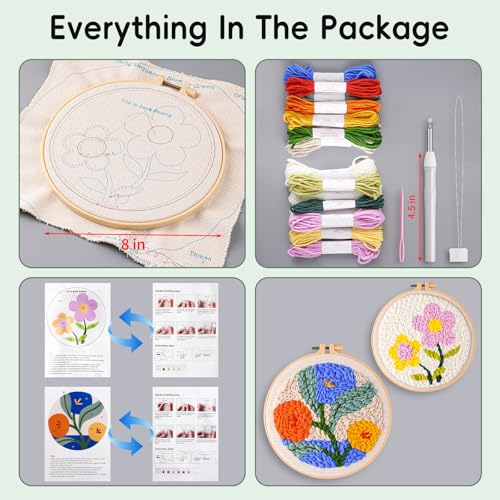 Fvbber Punch Needle Kits Adults Beginner, 2 Pcs DIY Easy Flower Embroidery Set with Patterns, Tools, Yarns, Hoop, Instruction for Home Decor, Craft Gift (Flower 1