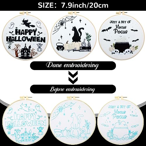 Tigeen 5 Sets Halloween Embroidery Kits for Adult Starter Beginners Ghost Spooky Bat Halloween Stamped Cross Stitch Ornament Kit with Instruction Embroidery Hoop Needle Storage Bag Threads Scissors