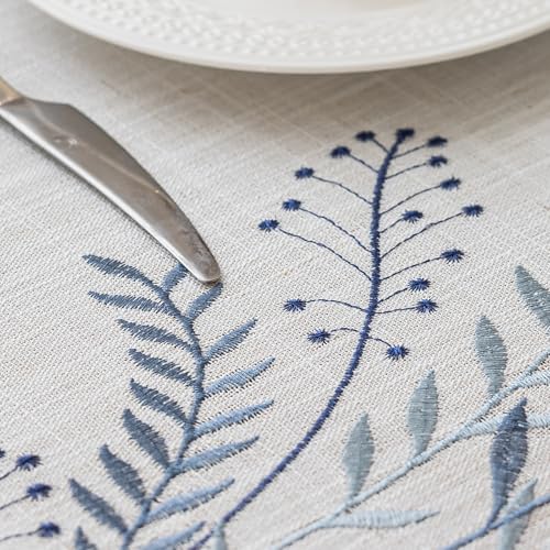 Joyfol Day Rustic Waterproof Linen Round Tablecloth, Heavy Weight Fern Embroidery Table Cloths for Round Tables, Farmhouse Spill-Proof Table Covers with Tassels, Blue, 55 inch - color: Blue Fern, size: 55" (Round)