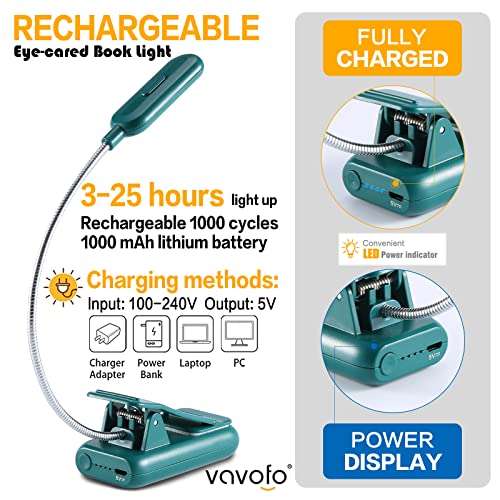 VAVOFO Rechargeable Book Light for Reading in Bed Kids, 7 LED Reading Light with 9-Level Warm Cool White Daylight, Eye Care Lamp with Power Indicator for Bookworms (Green) - color: Green
