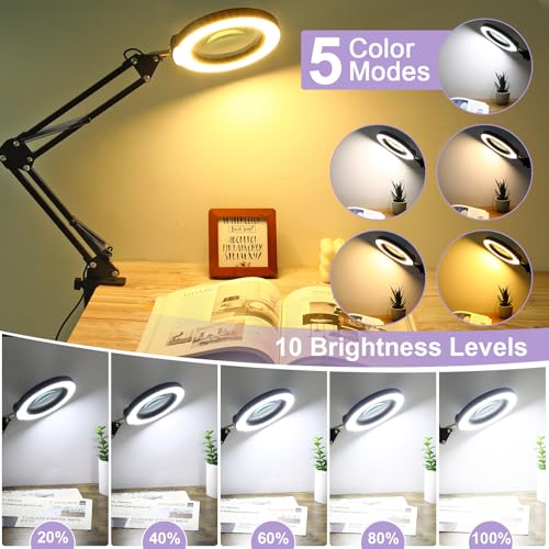 12X Magnifying Glass with Light and Clamp, Real Glass Lens Lighted Magnifier with Stand, 5 Color Modes LED Dimmable Magnifying Desk Lamp Hands Free for Crafts Jewelry Painting Sewing Close Work - color: Black, size: 12X 17.8inch Clamp