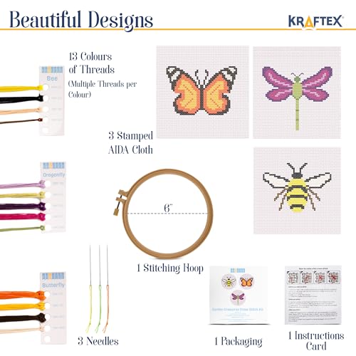 Kraftex Floral Stamped Cross Stitch Kits for Beginners - 3 Pack. DIY Embroidery Needlepoint Patterns for Adults. Easy Cross Stitch Kits for Beginners (Garden Creatures) - style: Garden Creatures