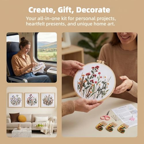 Herdiese Embroidery Kit for Beginners with 3 Floral Patterns - color: Flower-B (3 Pack)
