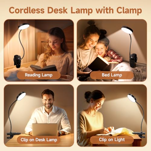 Mubarek Clip on Lamp,5 Brightness+5 Color Clip on Light,200LM 36 LED Reading Lights for Books in Bed,1800mAh Battery Powered Lamp Battery Operated Lights,Rechargeable Desk Lamp with Clamp Light - color: Black