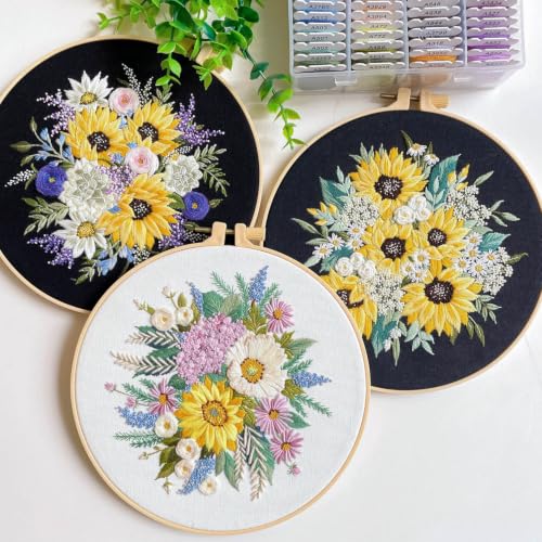 Silentsea Floral Embroidery Kit with Hoop, Sunflower Bouquet Pattern, 3 Designs, Beginner Cross Stitch Set
