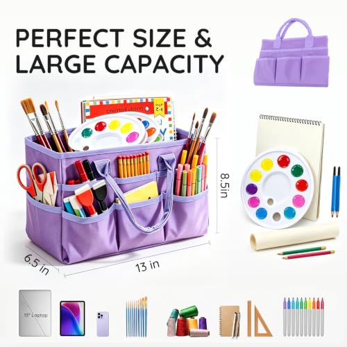 Craft Organizer Tote Bag, Art Supply Organizer Bag for Art Supplies - color: Light Purple (6.5"D x 13"W x 8.5"H)