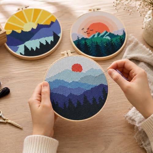 3 Pack Landscape Stamped Cross Stitch Kits for Beginners,with Hoop 8x8in - color: Landscape