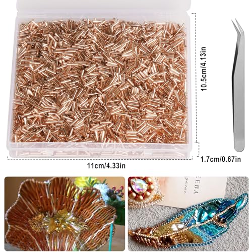 4000pcs Champagne Bugle Beads Bulk -Embroidery Beads,Long Tube Bead for Jewelry Making, Bracelet Necklaces Supplies,Craft DIY(7x2mm) - color: Champagne