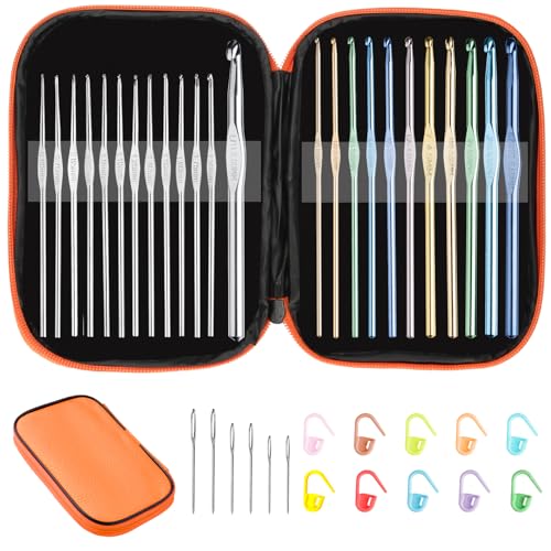 Tomorotec 41Pcs Multi-Color Metallic Crochet Hooks Set, Art Aluminum Knitting Needles for Yarn Craft Set with Sylish Storage Bag, Stitch Markers and Big Eye Needles - color: Orange Bag