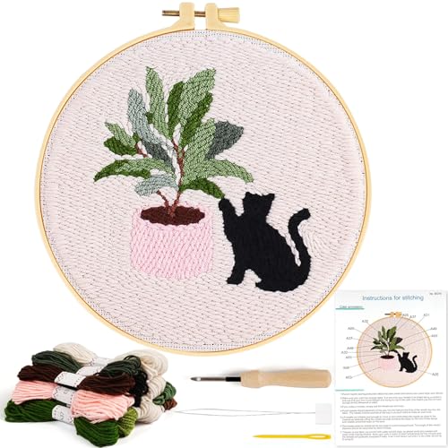 KESTAR Punch Needle Embroidery Starter Kits, Black Cat Flower Punch Needle Kits for Adults Beginner, Needle Punch Kit Tool with Instruction Threader Fabric Yarns and Hoop - color: Black Cat