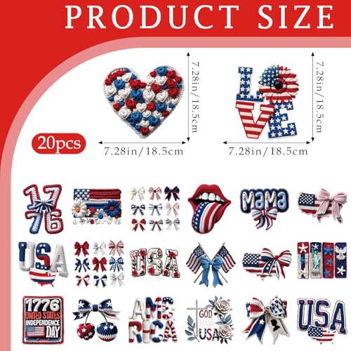 Dazoratix 4th of July Iron on Transfers - 20 Sheets Patriotic USA Flag Bow DTF Ready to Press 250th Anniversary Independence Day America Heat Patches Sticker Vinyl Decal for T Shirts Clothes DIY Craft - style: 4th of July