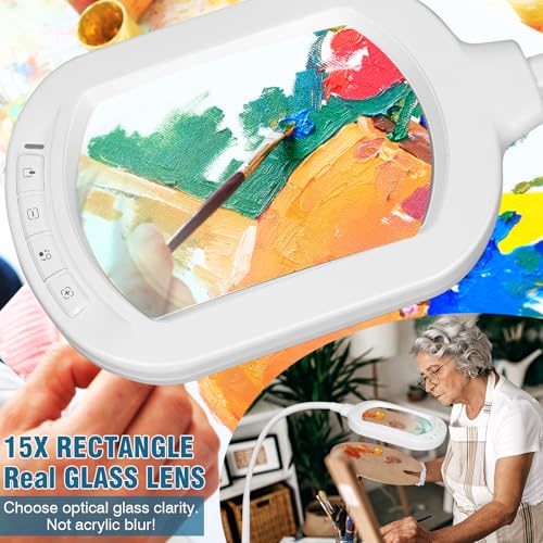 Large Magnifying Glass with Light and Stand, 15X Rectangle Optical Real Glass Lens, Height Adjustable Gooseneck Magnifier Floor Lamp, 5 Color Modes LED Dimmable Lighted Hands Free for Crafts - White - color: White