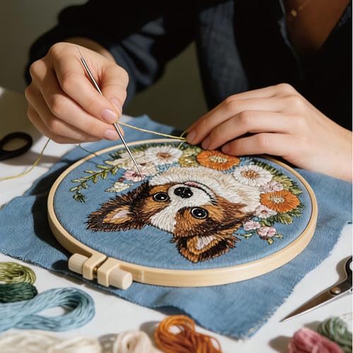 HCANPER Cute Dog Embroidery Starter Kit,DIY Needle Punch Kit, Punch Needle Kits for Beginners,Include Pre-Printed Fabric,Tools,Embroidery Hoop,Threads,Easy for Adults and Children. (Brown) - color: Brown