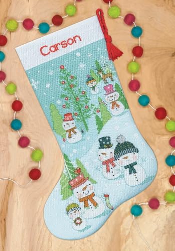 Dimensions 70-08996 Snowman Family DIY Personalizable Christmas Counted Cross Stitch Stocking Kit, 14 Count Light Blue Aida, 16" L