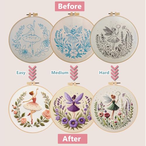 Embroidery Kit for Adults, Pre-Stamped Pattern Embroidery Kit for Beginners, Needlepoint Starter Kit with Hoop Thread Needle Instruction, 7.9'' Hoop (Flower Fairy 3 Packs) - style: Flower Fairy 3 Packs