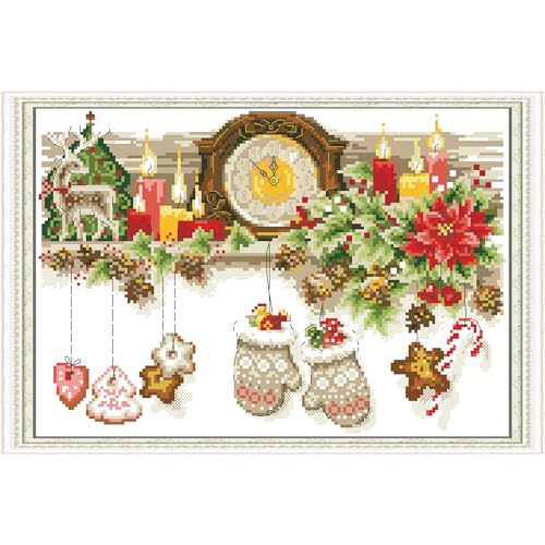 Howie's Needlepoint Cross Stitch Kits, 14CT Pre-Printed Pattern Embroidery Set Needlework, Full Range of Stamped Starter Kits(Christmas-Shelf, 14.17 x 10.63 inch) - color: Christmas-Shelf