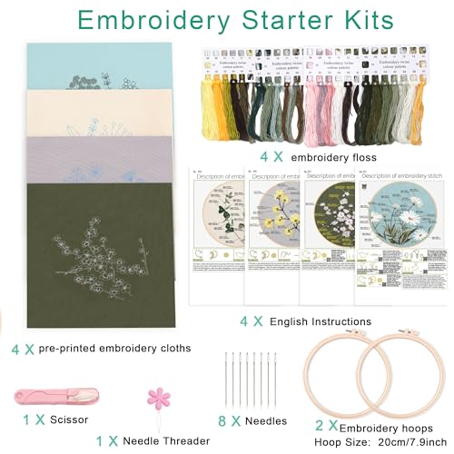 Harimau Adult Beginner Embroidery Starter Kit, Complete Set with 4 Patterns, 2 Hoops, Needles, Scissors, Instruction Guide & Stitching Video Tutorials - color: Floral8 pattern