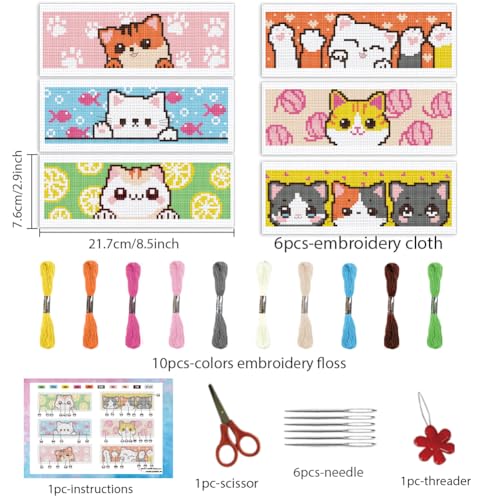 INFUNLY 6pcs Cartoon Cat DIY Cross Stitch Bookmark Kits for Beginner 8.66"×3.15" Cute Kitten Stamped Embroidery Kit with Instruction Pussycat Printed Bookmark Kits for Cat Lovers Book Readers Writers - style: 6pcs Cartoon Cat