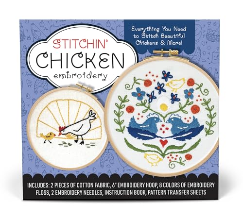 Stitchin' Chicken Embroidery Kit: Includes Cotton Fabric, 6” Embroidery Hoop, Embroidery Floss, 2 Embroidery Needles, Instruction Book, Pattern Transfer Sheets