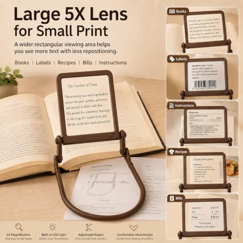 Neck Worn Magnifying Glass with Light, 5X Hands-Free Reading Magnifier