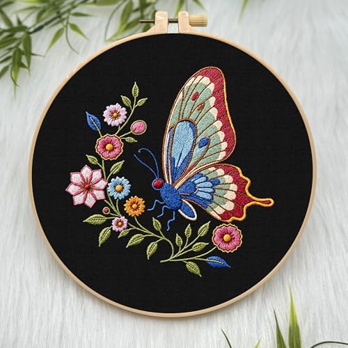 ERKOON Embroidery Kit for Beginners Adult, Cross Stitch Set Include Embroidery Cloth Hoop Threads for Craft Lover Hand Stitch with Embroidery Skill Techniques (Butterfly) - color: Butterfly