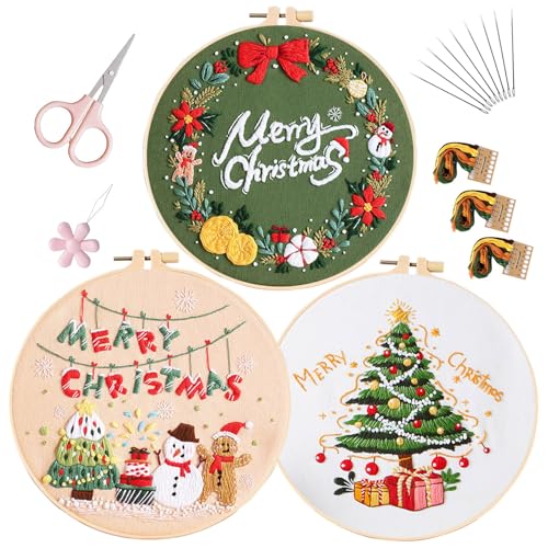 LB Christmas Embroidery Kit for Beginners Adults, 3 Sets Hand Embroidery Starter Kit with Wreath Pattern and Instructions Stamped Cross Stitch Kits Include Embroidery Hoop Needles Threads Scissors - color: Beige Green