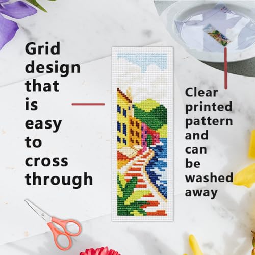 INFUNLY 6pcs Scenery Cross Stitch Bookmark Kit DIY Beach Stamped Embroidery Bookmark Kits 8.7×3.2" Mountain Needlepoint Kit with Instruction Town Easy Cross Stitch Kits for Book Lovers Readers - style: Scenery