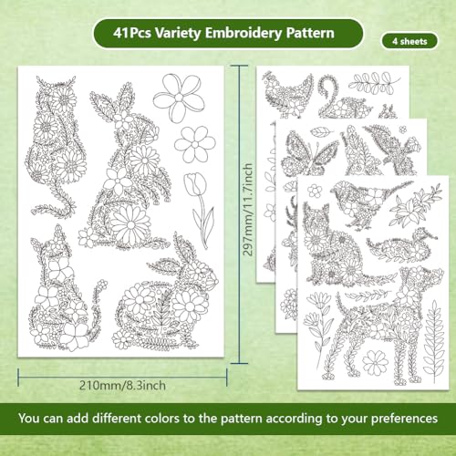 BENECREAT 4 Sheets 41pcs Flower Animals Water Soluble Hand Sewing Stabilizers, Flower Leaves Pattern Tear Away Embroidery Stabilizers for Embroidery, Carves, Shirts, Coats, Bags, Towels