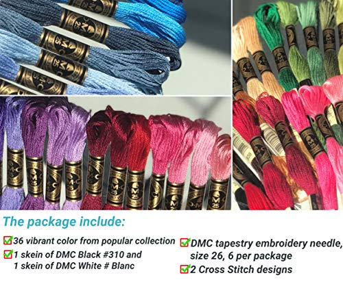 DMC Popular Pack 36 Colors Bundle with DMC White/Black and Needles Size 26.