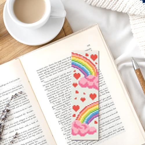 FREEBLOSS 6 Set Cross Stitch Bookmark Kit 11 CT Stamped Cross Stitch Kit DIY Embroidery Bookmark Kits for Adult Beginners with Instructions, Rainbow Pattern, 6 x 20 cm/8" x 2.4" - style: Rainbow Cloud