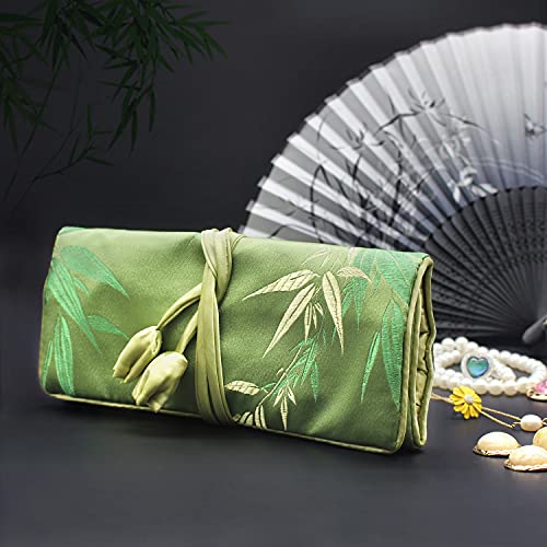 SmilerSmile Jewelry Travel Bag Embroidery Travel Jewelry Organizer with Tie Close Embroidered Flower Jewelry Roll for Women Girls (Bamboo Green) - color: Bamboo Green