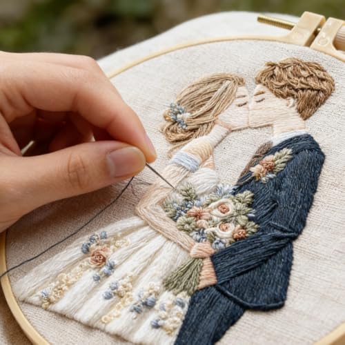 HCANPER Sweet Couple Embroidery Starter Kit, Valentine's Day Gifts，DIY Needle Punch Kit, Punch Needle Kits for Beginners,Include Pre-Printed Fabric,Tools,Embroidery Hoop,Threads. (Two) - color: Two