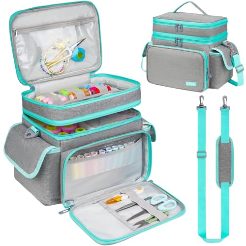 LEFOR·Z Small Sewing Supplies Organizer Bag(10.5 x 8 x 9inch),Sewing Box - color: Grey/Green