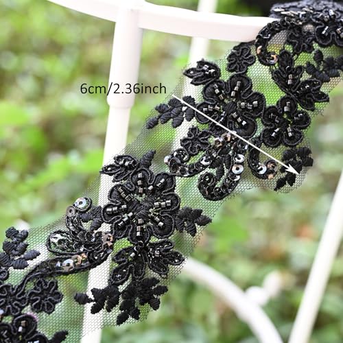 6cm*2yards Ivory White Luxury Beaded Embroidery Flower lace Appliques for Wedding Dresses Rhinestone Applique Patches Embroidery lace parches ropa (Black Color) - color: SPXB-TV0091BCL-2y-black