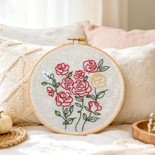 Vintage Flowers Embroidery Kits for Beginners Adults, Easy Hand Embroidery Starters Kits, Floral Cross Stitch Kits DIY Needlepoint Kits for Beginners Adult, Embroidery Hoop, Thread and Video Tutorial - color: H2105