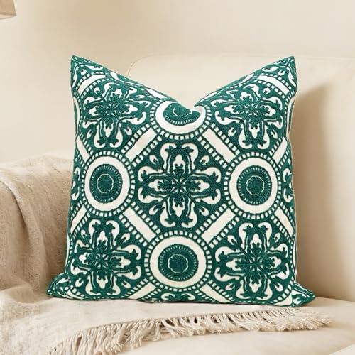 Slow Cow Embroidered Throw Pillow Cover 18 x 18 Inch Teal - color: Dark Green Kaleidoscope, size: 18" x 18" (Pack of 1)