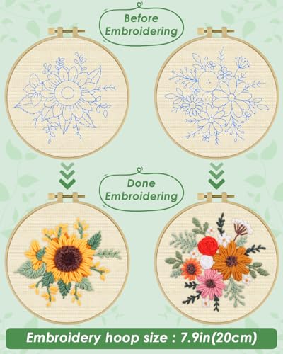ERKOON Punch Needle Kit Adults Beginners, 2 Pcs DIY Easy Flower Embroidery Set for Starter Art Craft, Needling Punching Project with Patterns, Tools, Yarns, Hoop, Instruction (Colorful Flowers) - color: Colorful Flowers