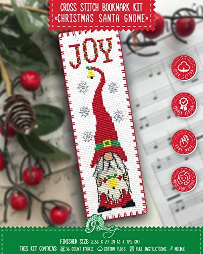 Povitrulya Christmas Santa Gnome - Counted Cross Stitch Bookmark Kit - DIY Embroidery Gift - color: Christmas Santa Gnome